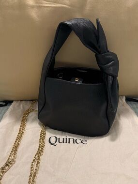 Quince Black Pebbled Leather Knot-Top Mini Bag with Gold Chain